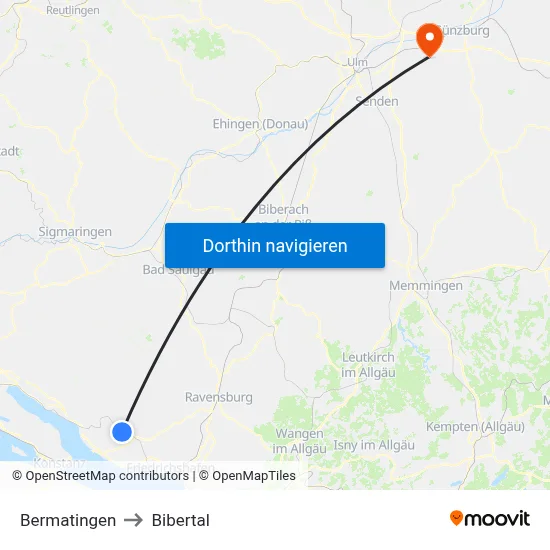Bermatingen to Bibertal map