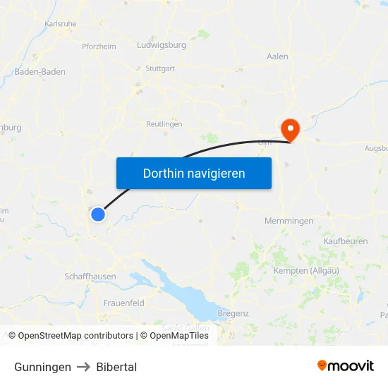 Gunningen to Bibertal map