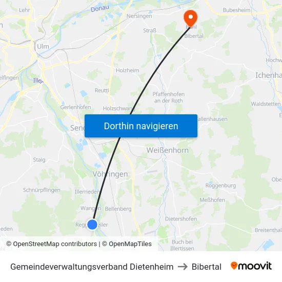Gemeindeverwaltungsverband Dietenheim to Bibertal map
