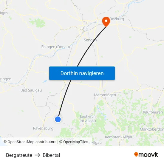 Bergatreute to Bibertal map