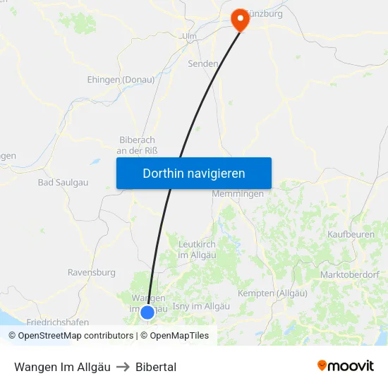 Wangen Im Allgäu to Bibertal map