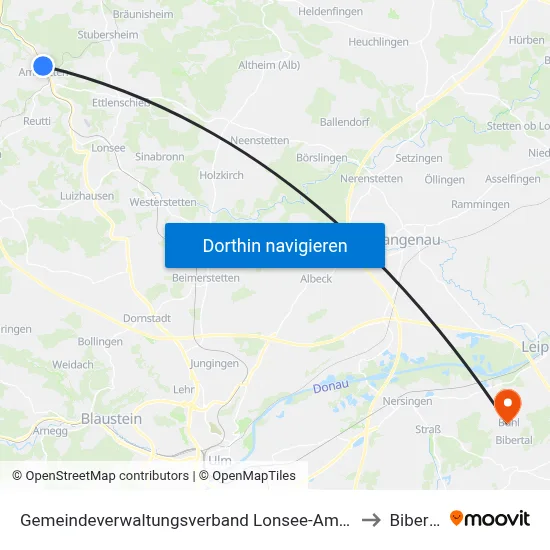 Gemeindeverwaltungsverband Lonsee-Amstetten to Bibertal map