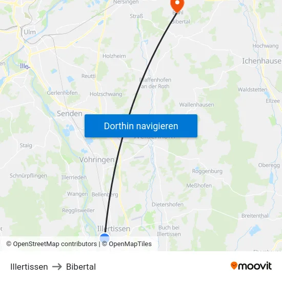Illertissen to Bibertal map
