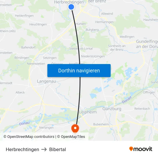 Herbrechtingen to Bibertal map
