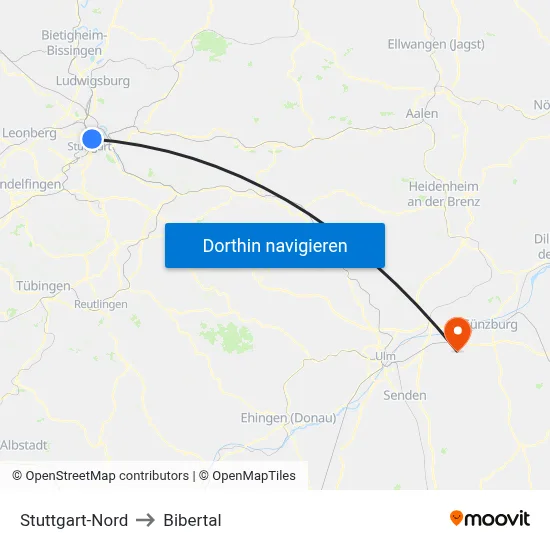 Stuttgart-Nord to Bibertal map