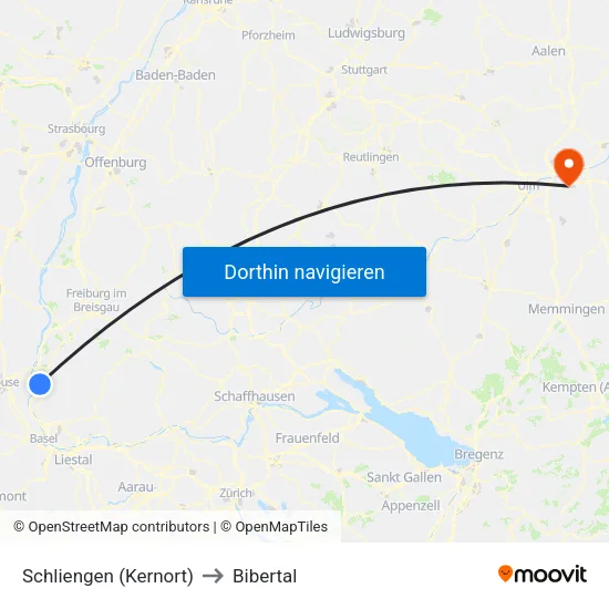 Schliengen (Kernort) to Bibertal map