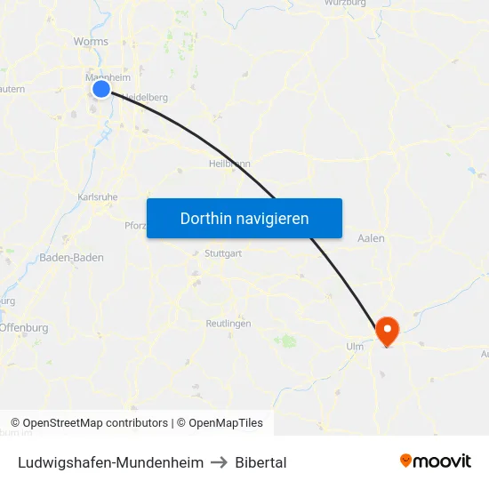 Ludwigshafen-Mundenheim to Bibertal map