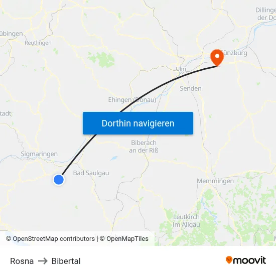 Rosna to Bibertal map