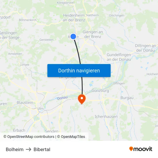 Bolheim to Bibertal map