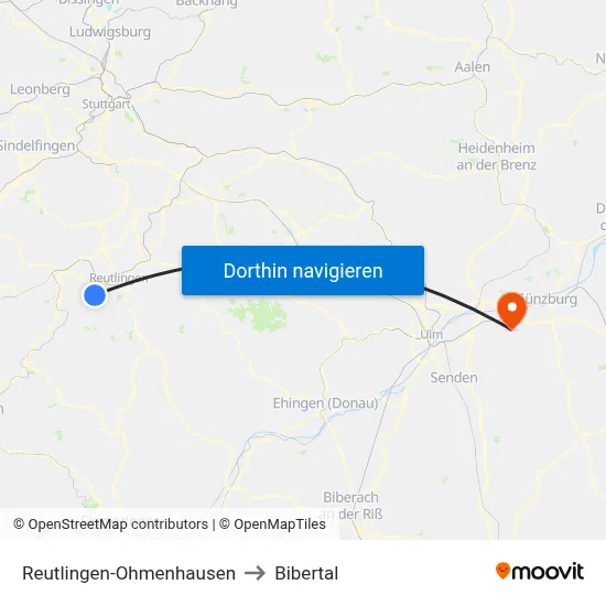Reutlingen-Ohmenhausen to Bibertal map