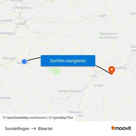 Sondelfingen to Bibertal map