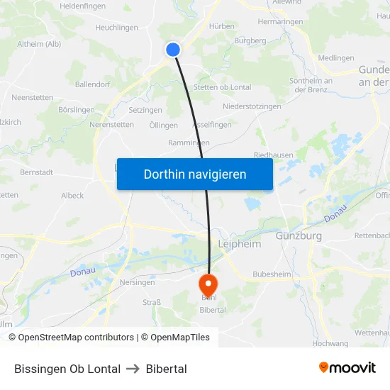 Bissingen Ob Lontal to Bibertal map