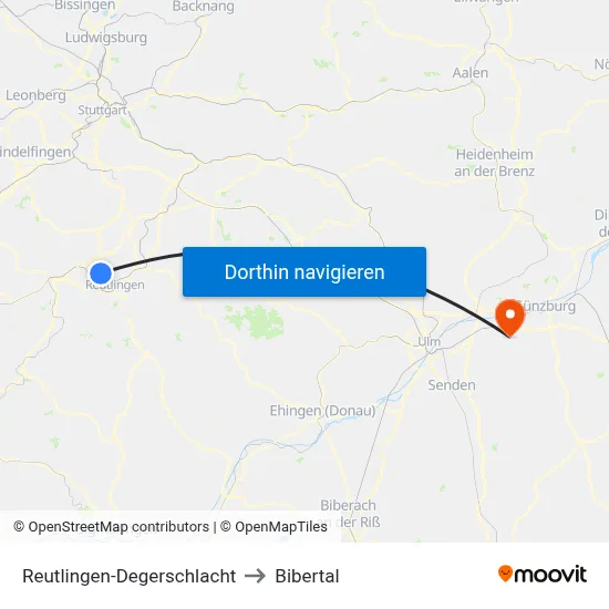 Reutlingen-Degerschlacht to Bibertal map