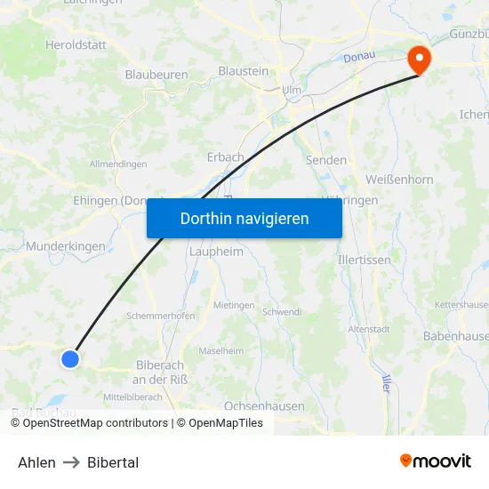 Ahlen to Bibertal map