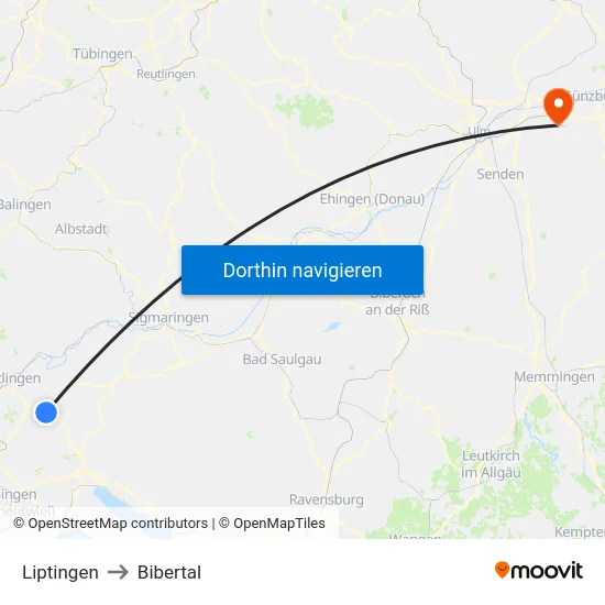 Liptingen to Bibertal map