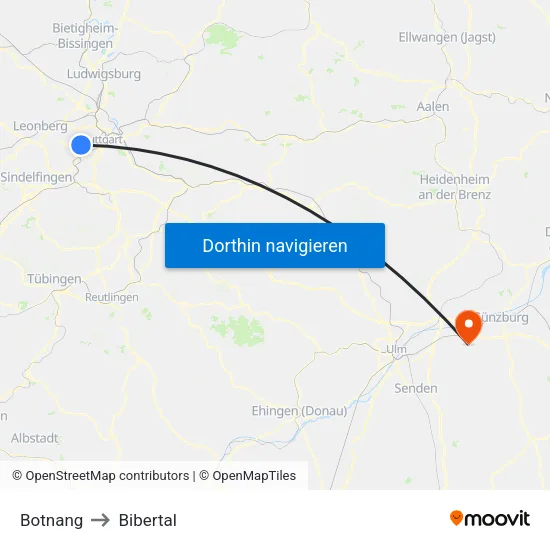 Botnang to Bibertal map