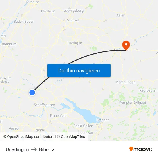 Unadingen to Bibertal map
