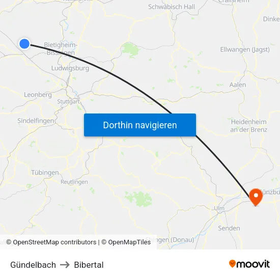 Gündelbach to Bibertal map