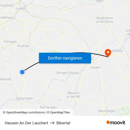 Hausen An Der Lauchert to Bibertal map