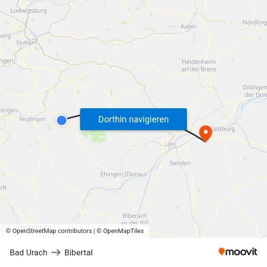 Bad Urach to Bibertal map