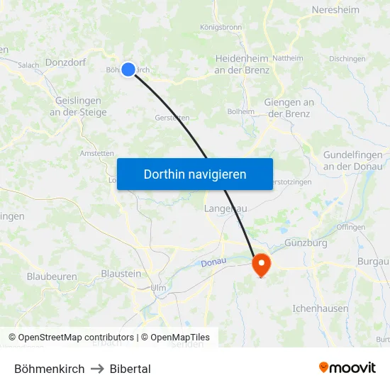 Böhmenkirch to Bibertal map