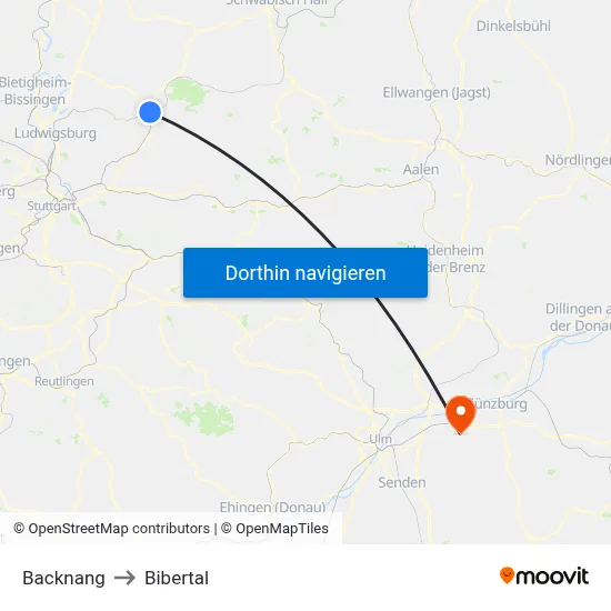 Backnang to Bibertal map