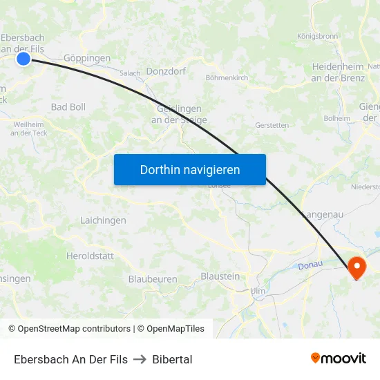Ebersbach An Der Fils to Bibertal map