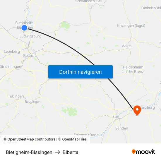 Bietigheim-Bissingen to Bibertal map