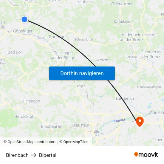 Birenbach to Bibertal map