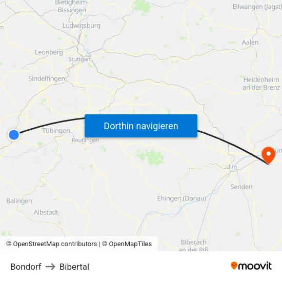 Bondorf to Bibertal map