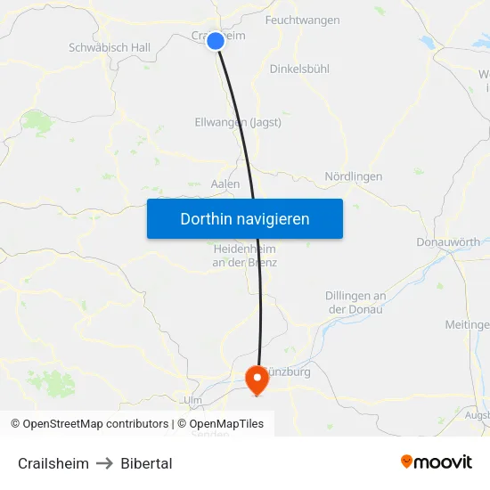Crailsheim to Bibertal map