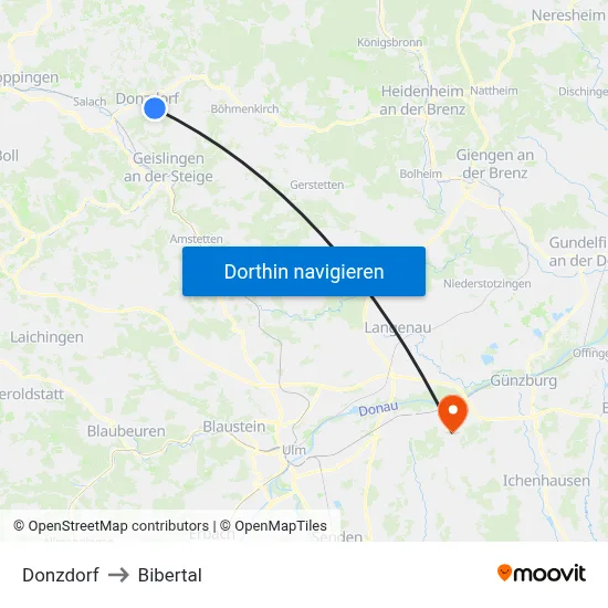 Donzdorf to Bibertal map