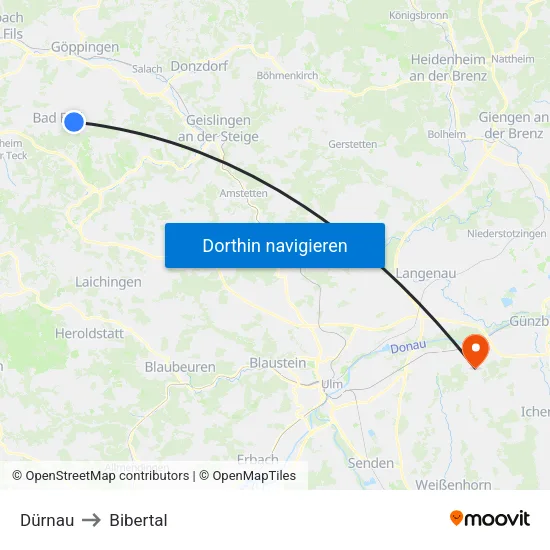 Dürnau to Bibertal map