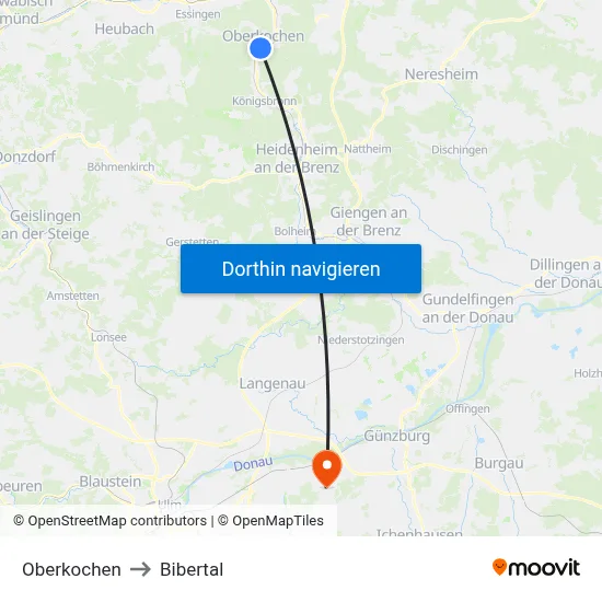 Oberkochen to Bibertal map