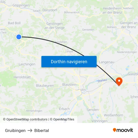 Gruibingen to Bibertal map