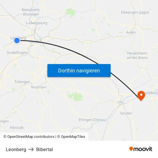Leonberg to Bibertal map
