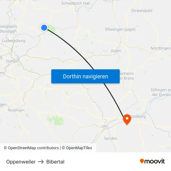 Oppenweiler to Bibertal map
