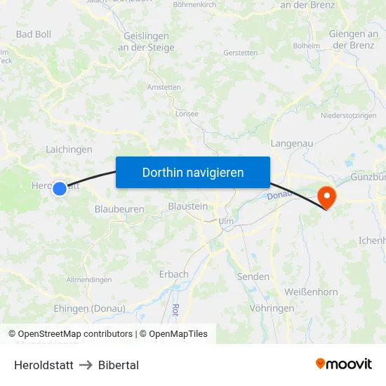 Heroldstatt to Bibertal map