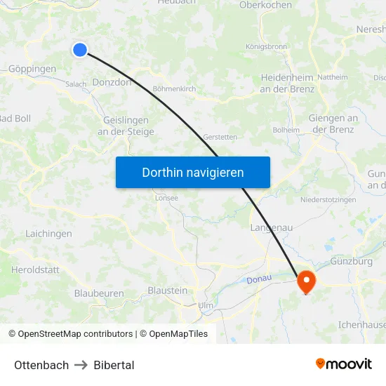 Ottenbach to Bibertal map