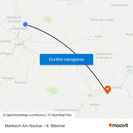 Marbach Am Neckar to Bibertal map