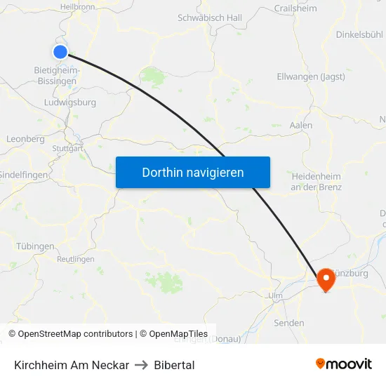 Kirchheim Am Neckar to Bibertal map