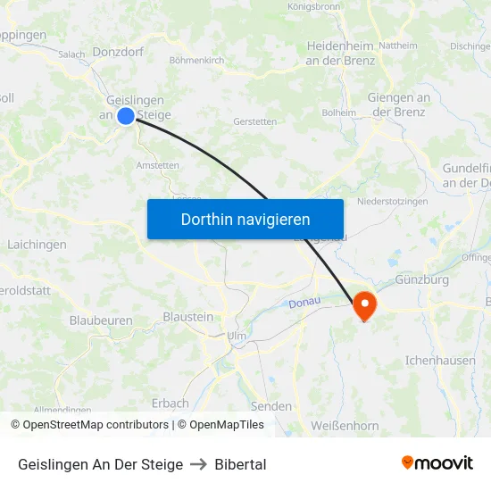 Geislingen An Der Steige to Bibertal map
