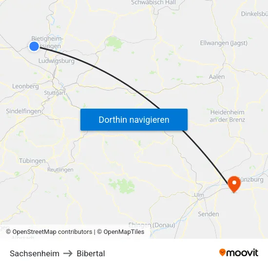 Sachsenheim to Bibertal map