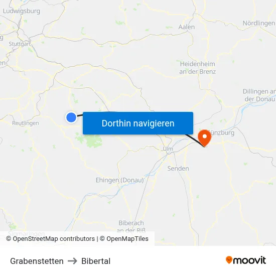 Grabenstetten to Bibertal map