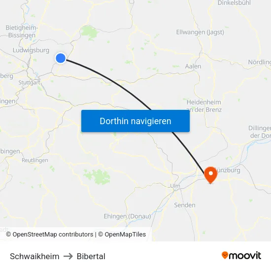 Schwaikheim to Bibertal map
