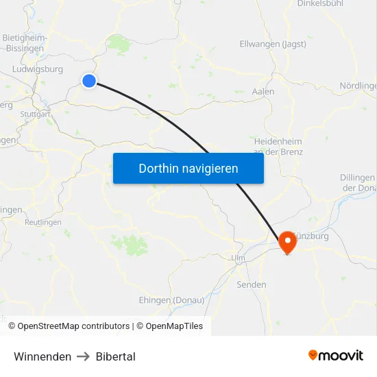 Winnenden to Bibertal map
