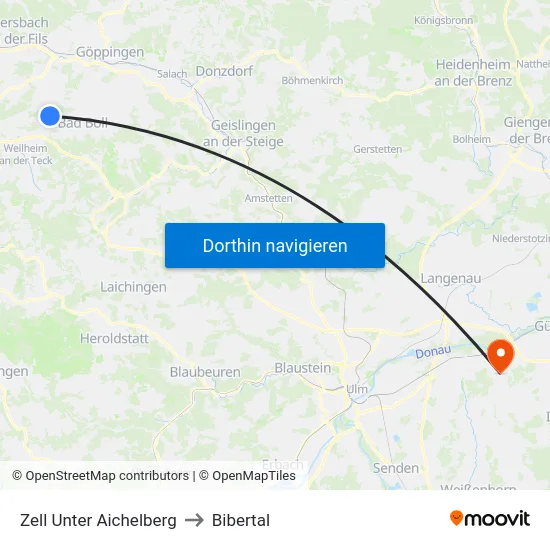Zell Unter Aichelberg to Bibertal map