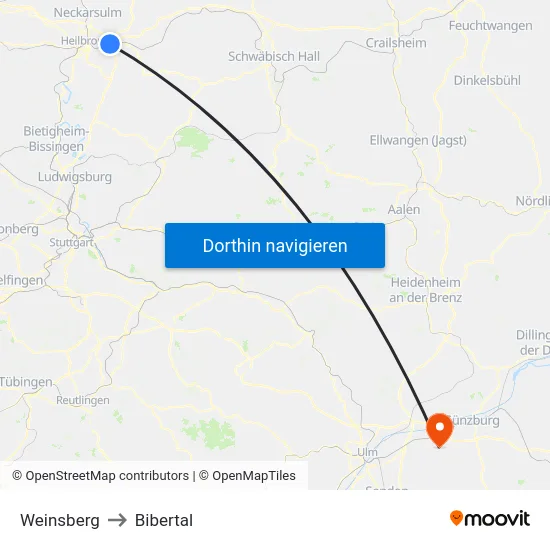 Weinsberg to Bibertal map