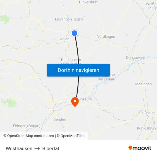 Westhausen to Bibertal map