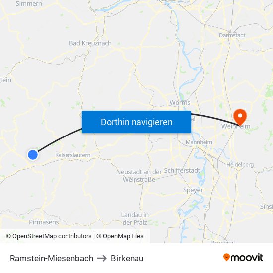 Ramstein-Miesenbach to Birkenau map